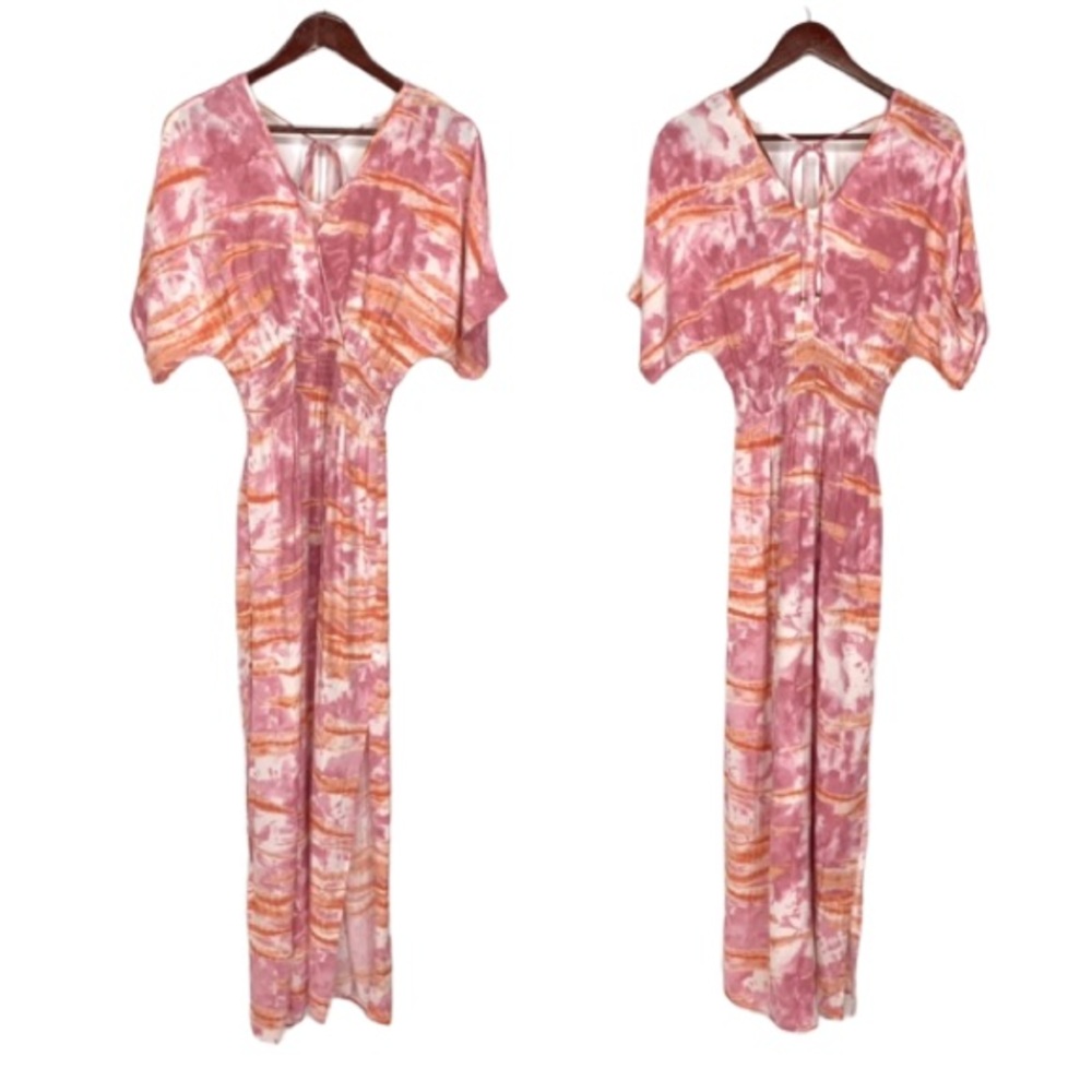 Knox Rose Cottage Pink & Orange Tie Dye Maxi Dress Surplice Smocked Nwt Size XS